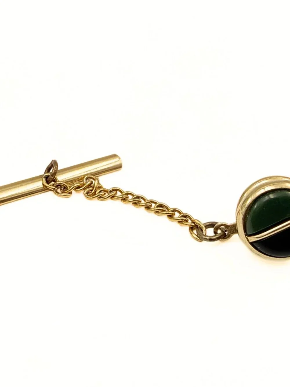 Vintage Marked MCM 10k Gold Retro Green Glass Tie Tac w/ Safety Chain